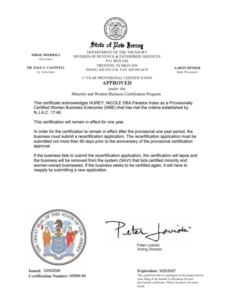 Women Business Enterprise Certification — State of New Jersey, Department of the Treasury. Business: HUREY, NICOLE DBA: Paradox Index. Certification Number A0684-84. Issue Date: March 25, 2026. Expiration: March 25, 2027.